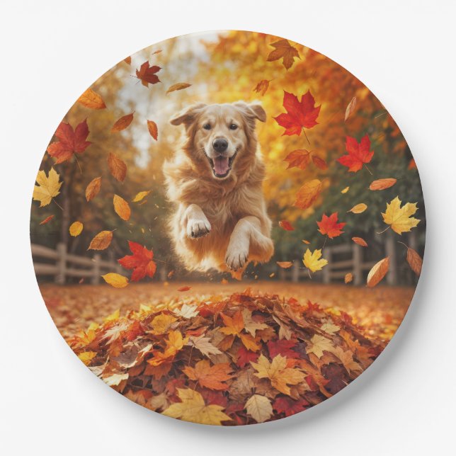 Golden Retriever Jumping In Leaf Pile Paper Plates (Front)