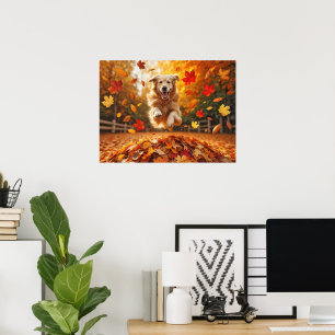 Golden Retriever Jumping In Leaf Pile Poster