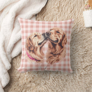 Golden Retriever Love Gingham Pattern Throw Pillow