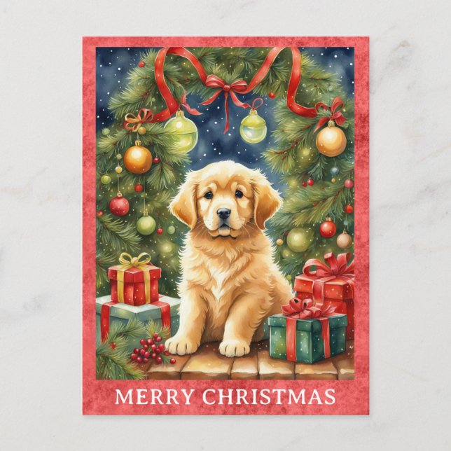Golden Retriever Merry Christmas Cute Puppy Dog Postcard (Front)