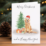 Golden Retriever Merry Christmas Santa Dog Holiday Card<br><div class="desc">Send christmas greetings this holiday season with this Merry Christmas golden retriever santa dog holiday card, and matching decor. This golden retriever holiday card features a watercolor dog in a santa hat and tree. Personalize with message and family name . This golden retriever christmas card will be a favorite among...</div>