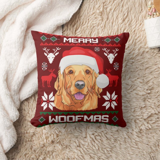Golden Retriever Merry Woofmas Sweatshirt Dog Throw Pillow (Blanket)