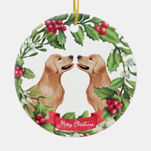 Golden Retriever Mistletoe Wreath Dog Christmas Ceramic Ornament