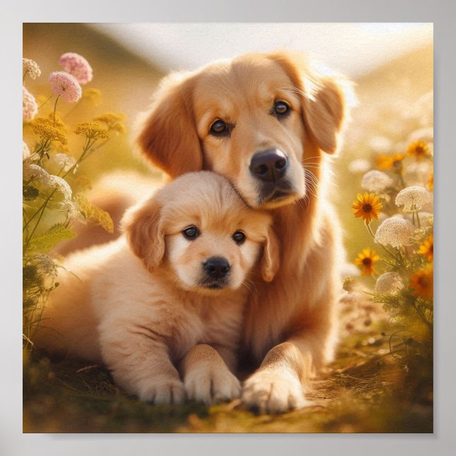 Golden Retriever mom and her puppy Poster (Front)