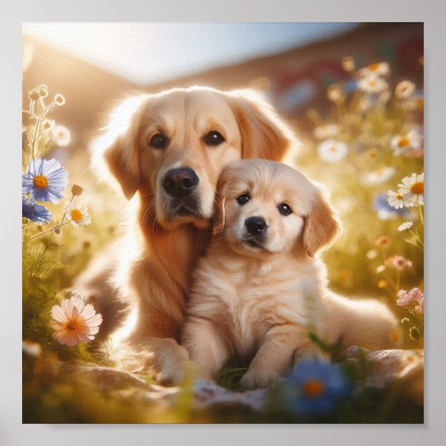 Golden Retriever mom and her puppy Poster (Front)