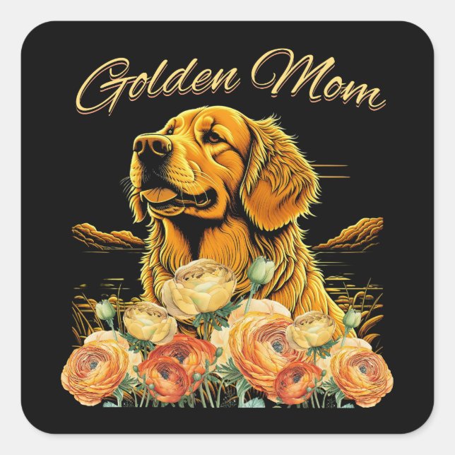 Golden Retriever Mom Floral Boho Chic Dog Portrait Square Sticker (Front)