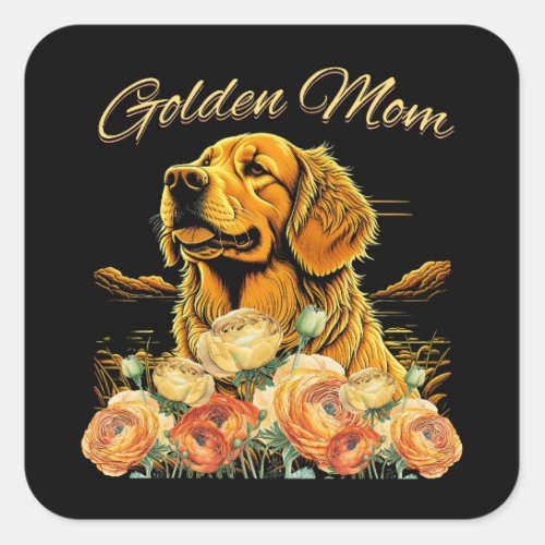 Golden Retriever Mom Floral Boho Chic Dog Portrait Square Sticker