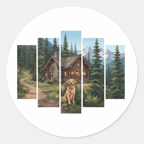 Golden Retriever Mountain Cabin Classic Round Sticker