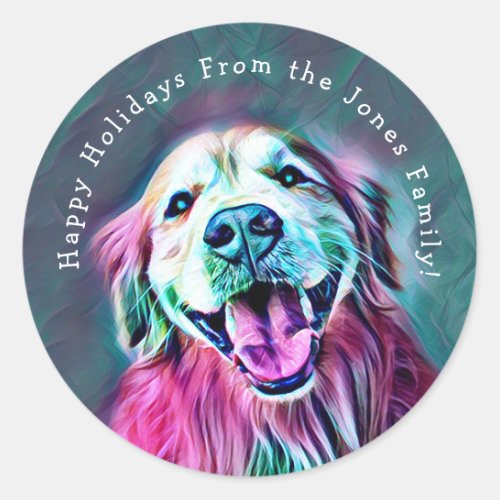 Golden Retriever Neon Colors Custom Holiday Name Classic Round Sticker