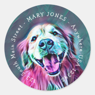 Golden Retriever Neon Colors Custom Name Address Classic Round Sticker