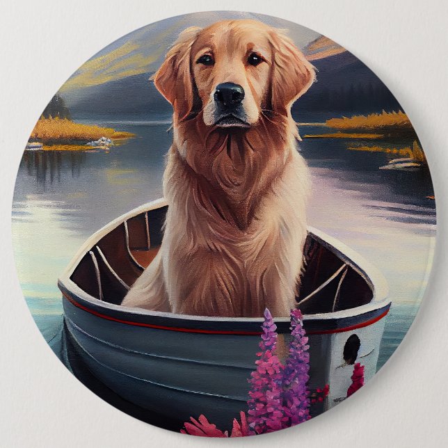 Golden Retriever on a Paddle: A Scenic Adventure Button (Front)