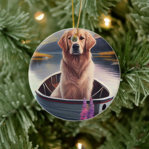 Golden Retriever on a Paddle: A Scenic Adventure Ceramic Ornament