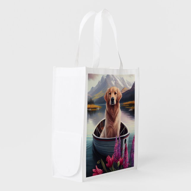 Golden Retriever on a Paddle: A Scenic Adventure Grocery Bag (Front Side)