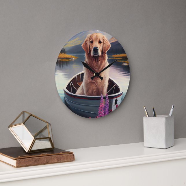 Golden Retriever on a Paddle: A Scenic Adventure Large Clock (Office)