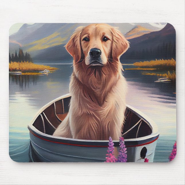 Golden Retriever on a Paddle: A Scenic Adventure Mouse Pad (Front)