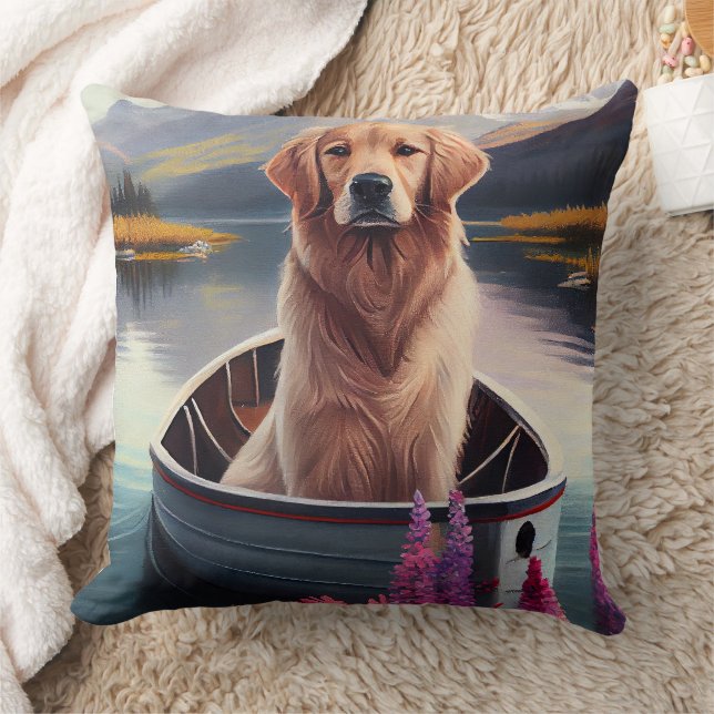 Golden Retriever on a Paddle: A Scenic Adventure Throw Pillow (Blanket)