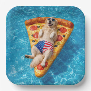 Golden Retriever on a Pizza Air Mattress Paper Plates