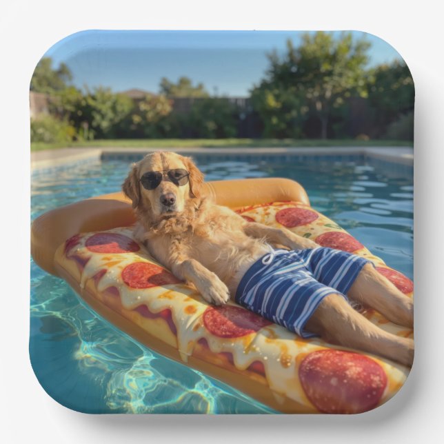 Golden Retriever on a Pizza Slice Pool Float Paper Plates (Front)