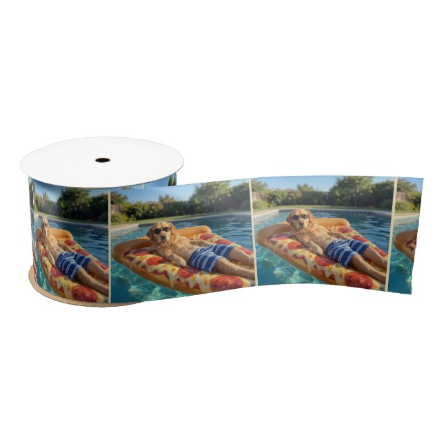 Golden Retriever on a Pizza Slice Pool Float Satin Ribbon (Spool)