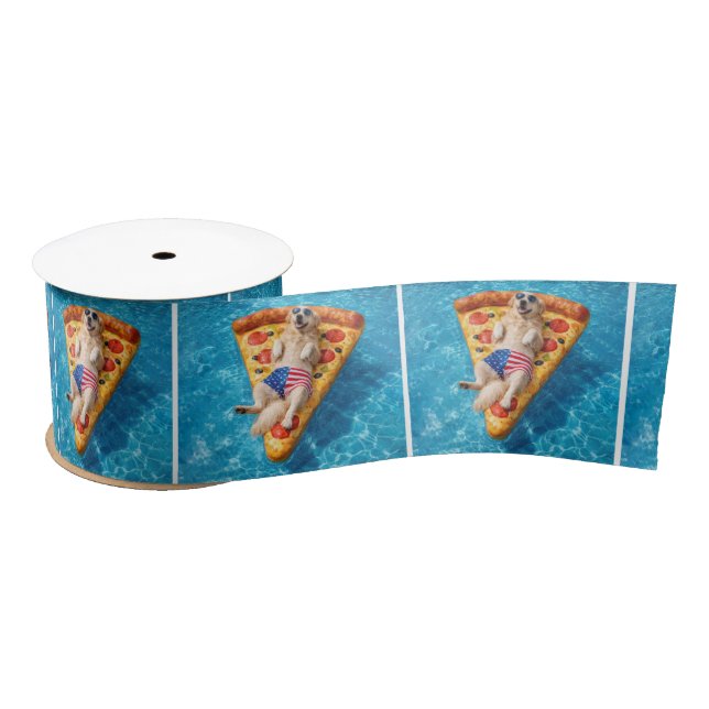 Golden Retriever on a Pizza Slice Pool Float Satin Ribbon (Spool)