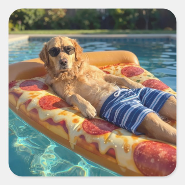 Golden Retriever on a Pizza Slice Pool Float Square Sticker (Front)