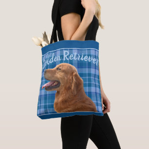 Golden Retriever on Blue Plaid Tote Bag