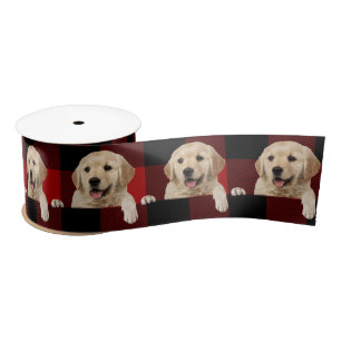 Golden Retriever on Buffalo Plaid Satin Ribbon
