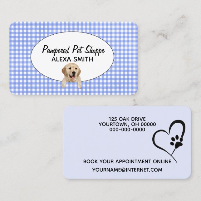 Golden Retriever on Gingham for Pet Grooming Business Card (Front/Back)