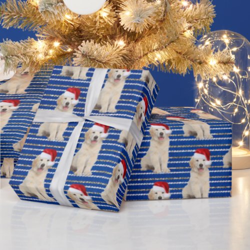 Golden Retriever On Glitter Stripes Wrapping Paper