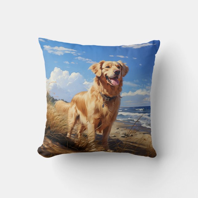 Golden retriever on the beach throw pillow (Front)
