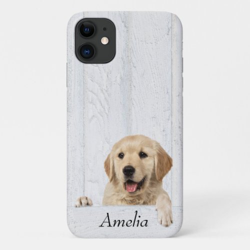 Golden Retriever on whitewashed wood iPhone 11 Case