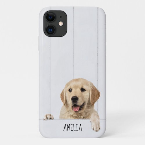 Golden Retriever on whitewashed wood iPhone 11 Case