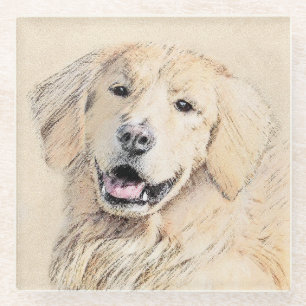 Golden Retriever Painting - Cute Original Dog Art Glass Coaster