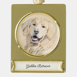 Golden Retriever Painting - Cute Original Dog Art Gold Plated Banner Ornament