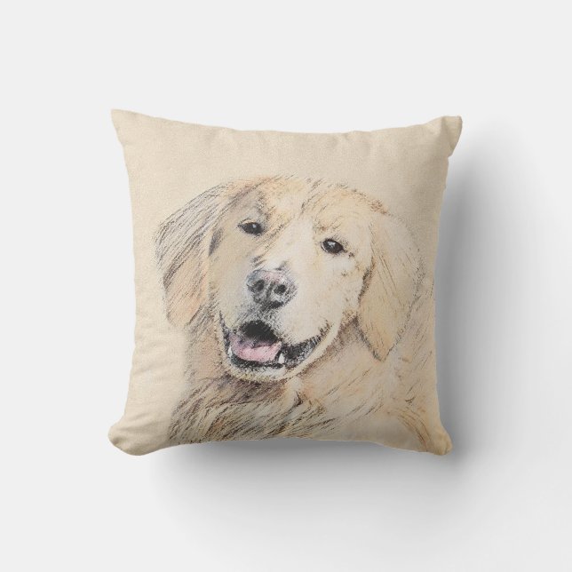 Golden Retriever Painting - Cute Original Dog Art Outdoor Pillow (Front)