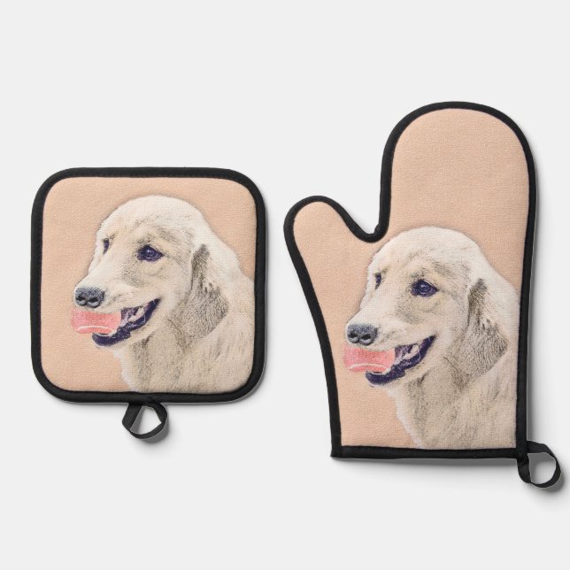 Golden Retriever Painting Cute Original Dog Art Oven Mitt & Pot Holder Set (Front)