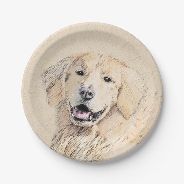 Golden Retriever Painting - Cute Original Dog Art Paper Plates (Front)