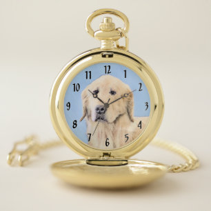 Golden Retriever Painting - Cute Original Dog Art Pocket Watch