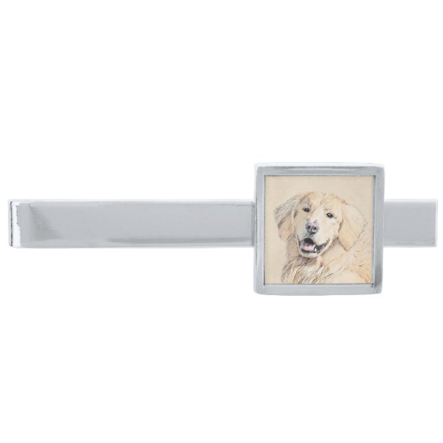 Golden Retriever Painting - Cute Original Dog Art Silver Finish Tie Bar (Front)