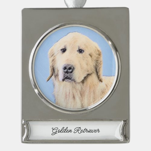 Golden Retriever Painting _ Cute Original Dog Art Silver Plated Banner Ornament