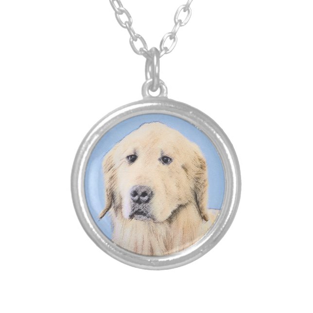 Golden Retriever Painting - Cute Original Dog Art Silver Plated Necklace (Front)