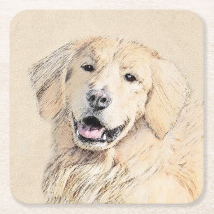 Golden Retriever Painting - Cute Original Dog Art Square Paper Coaster