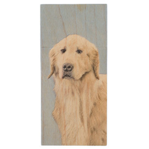 Golden Retriever Painting - Cute Original Dog Art Wood Flash Drive