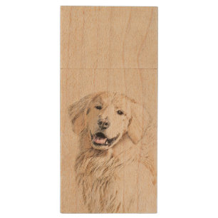 Golden Retriever Painting - Cute Original Dog Art Wood Flash Drive