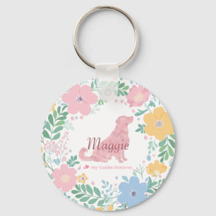 Golden Retriever Pastel Pink Flower Wreath Keychain