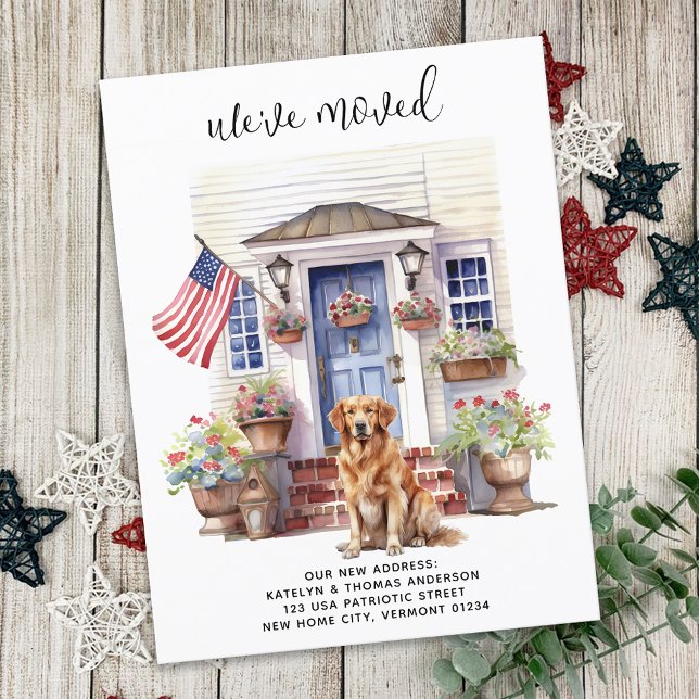 Golden Retriever Patriotic Custom Pet Dog Moving Announcement Postcard (Creator Uploaded)