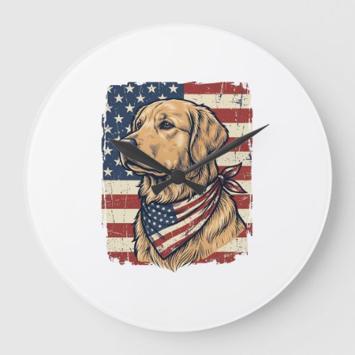Golden Retriever Patriotic Vintage Vector Design_1 Large Clock