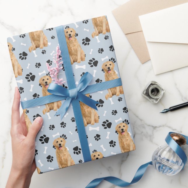 Golden Retriever Paw Print Pattern on Silver Blue Wrapping Paper (Gifting)