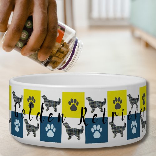 Golden Retriever  Paw Yellow  Blue Grid Dog Bowl