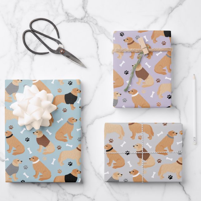 Golden Retriever Paws and Dog Bones Wrapping Paper (Front)